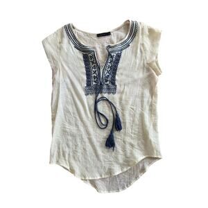 THML Bohemian Blouse with Navy Embroidery and Tassel Ties